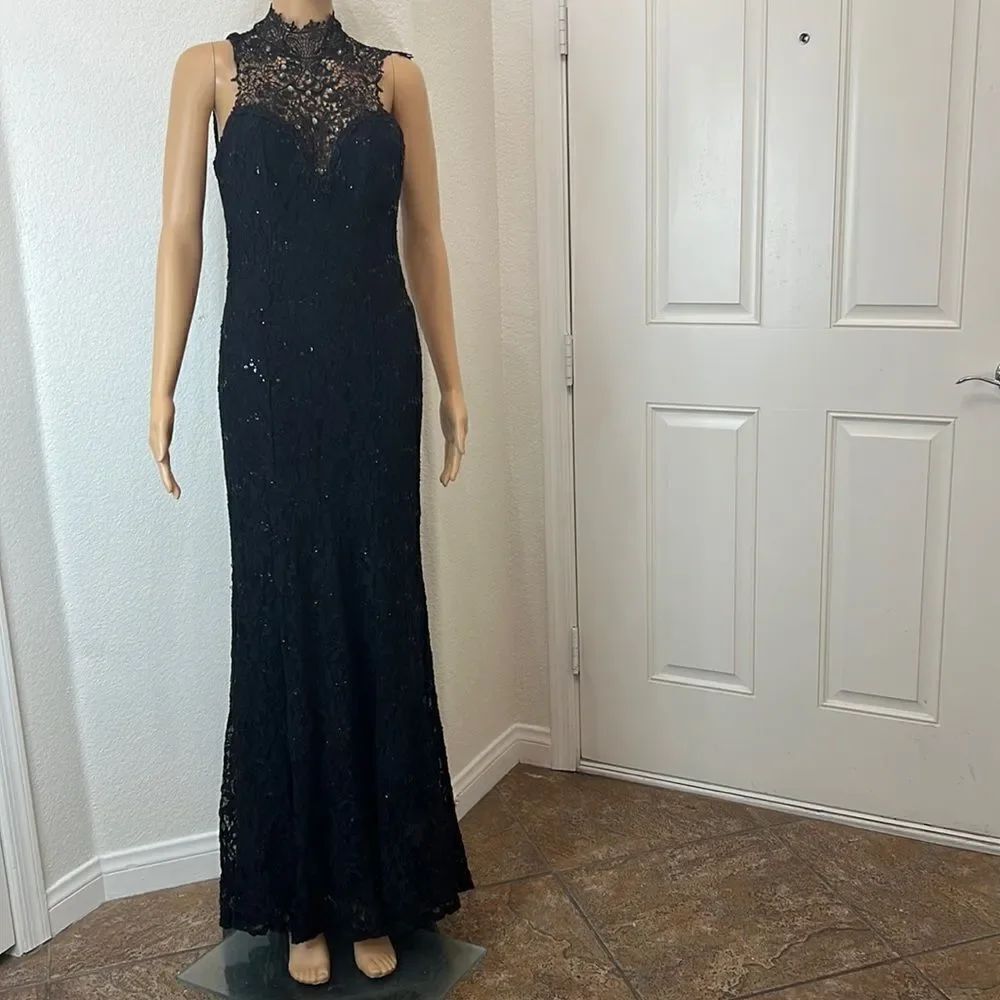 Windsor Dress Black High Floral Lace Beaded Neck Sleeveless Backless Maxi Sexy